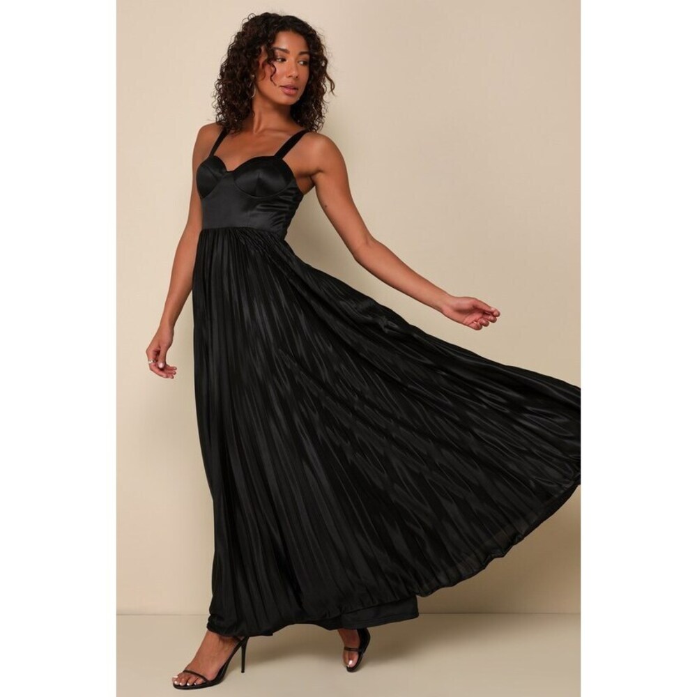 NWT Lulus Luxurious Flair Black Satin Pleated Bustier Maxi Dress - Size L